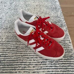 adidas Red Suede Sneakers with White Stripes and Gold Logo